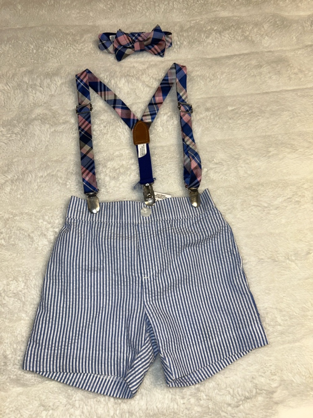 Izod Blue Seersucker Shorts with Plaid Suspenders and Bow Tie